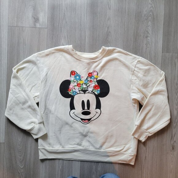 Disney Minnie Mouse Womens Crewneck Sweatshirt W/ Floral Embroidery Graphic Ivor - Picture 4 of 7